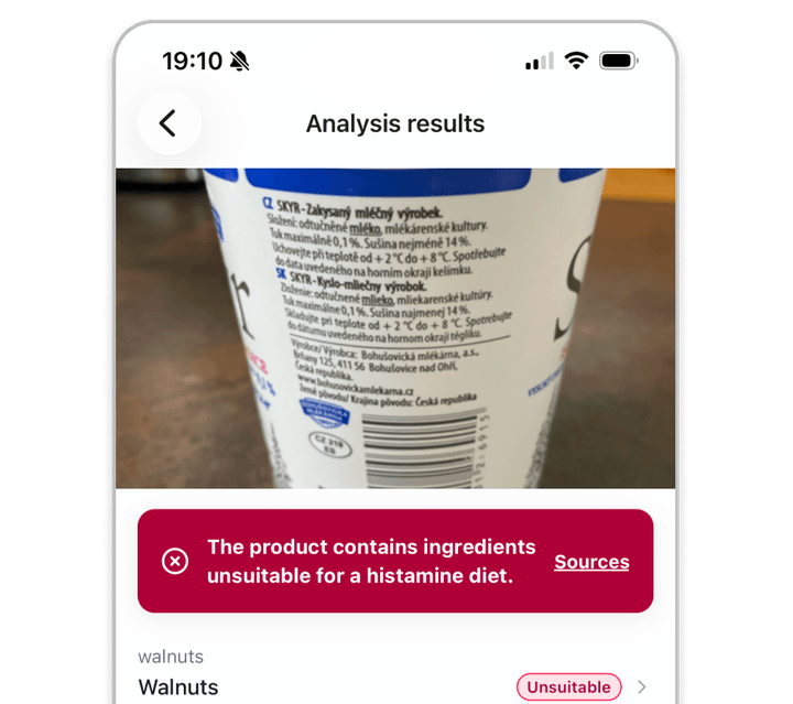 Histamin.io ingredient label analysis result