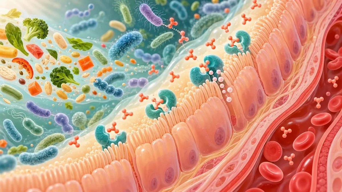Simplified illustration of the intestinal lining, microorganisms, histamine and the DAO enzyme