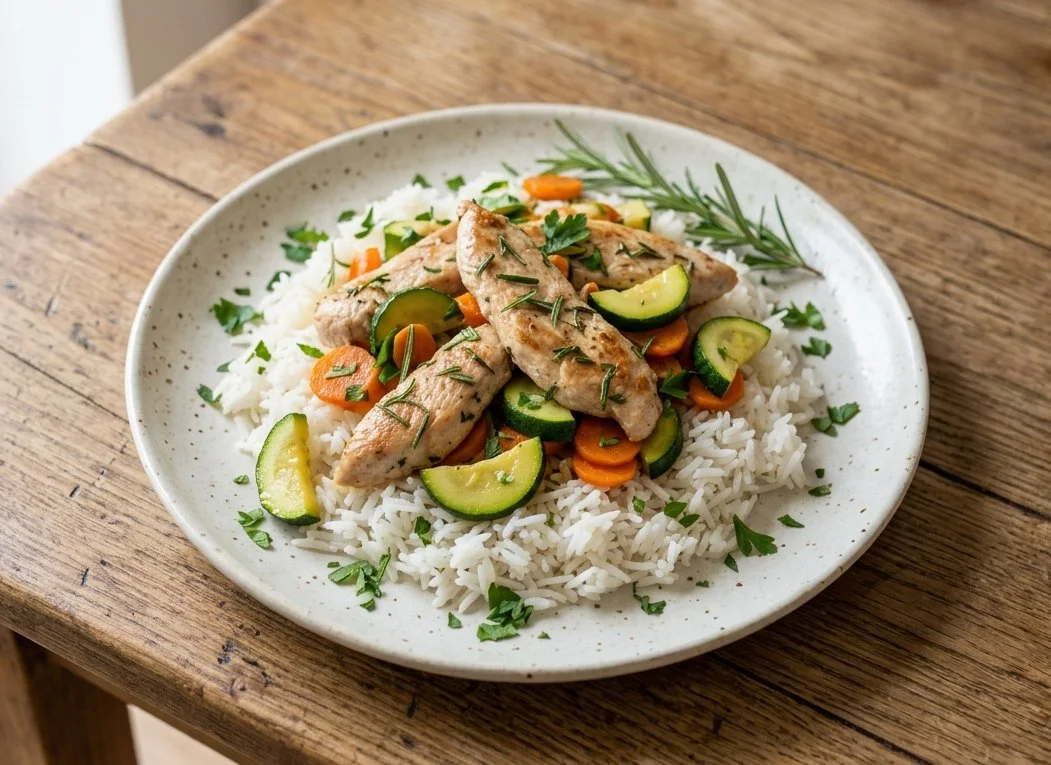 Juicy Turkey Strips with Rosemary, Zucchini, and Basmati Rice