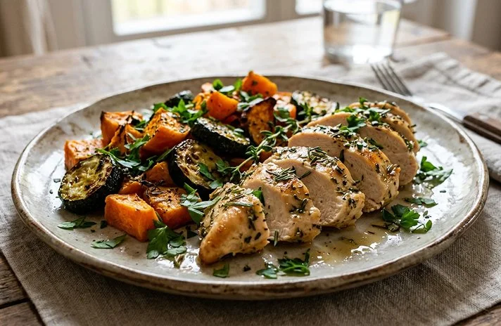 Juicy Herb Chicken Breast with Roasted Zucchini and Sweet Potatoes