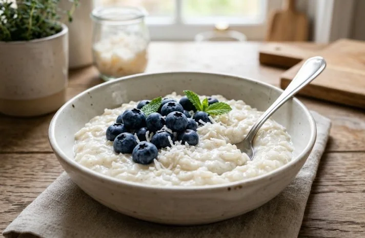 Coconut Rice Porridge with Blueberries